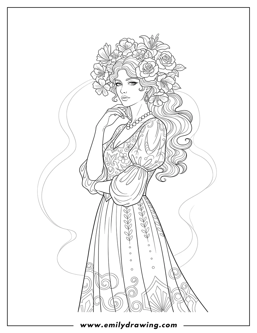 Coloring sheet featuring vintage Poster Elegant Woman with flowers in her hair, hand resting on her chin