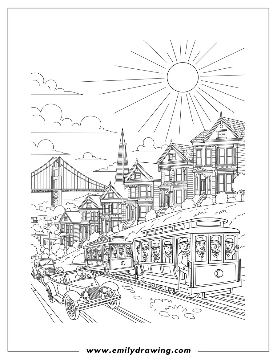 PDF style coloring page: vintage San Francisco Cityscape with cable cars and vintage cars