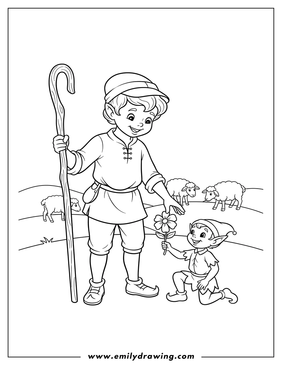 Free to print drawing of vintage Shepherd Boy with staff reaching down for a flower offered by a small elf