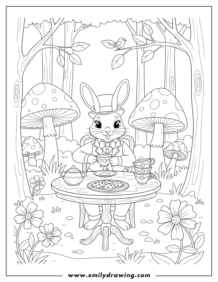 Downloadable coloring page of vintage Tea Party With Dapper Bunny holding a teacup in a Woodland Garden