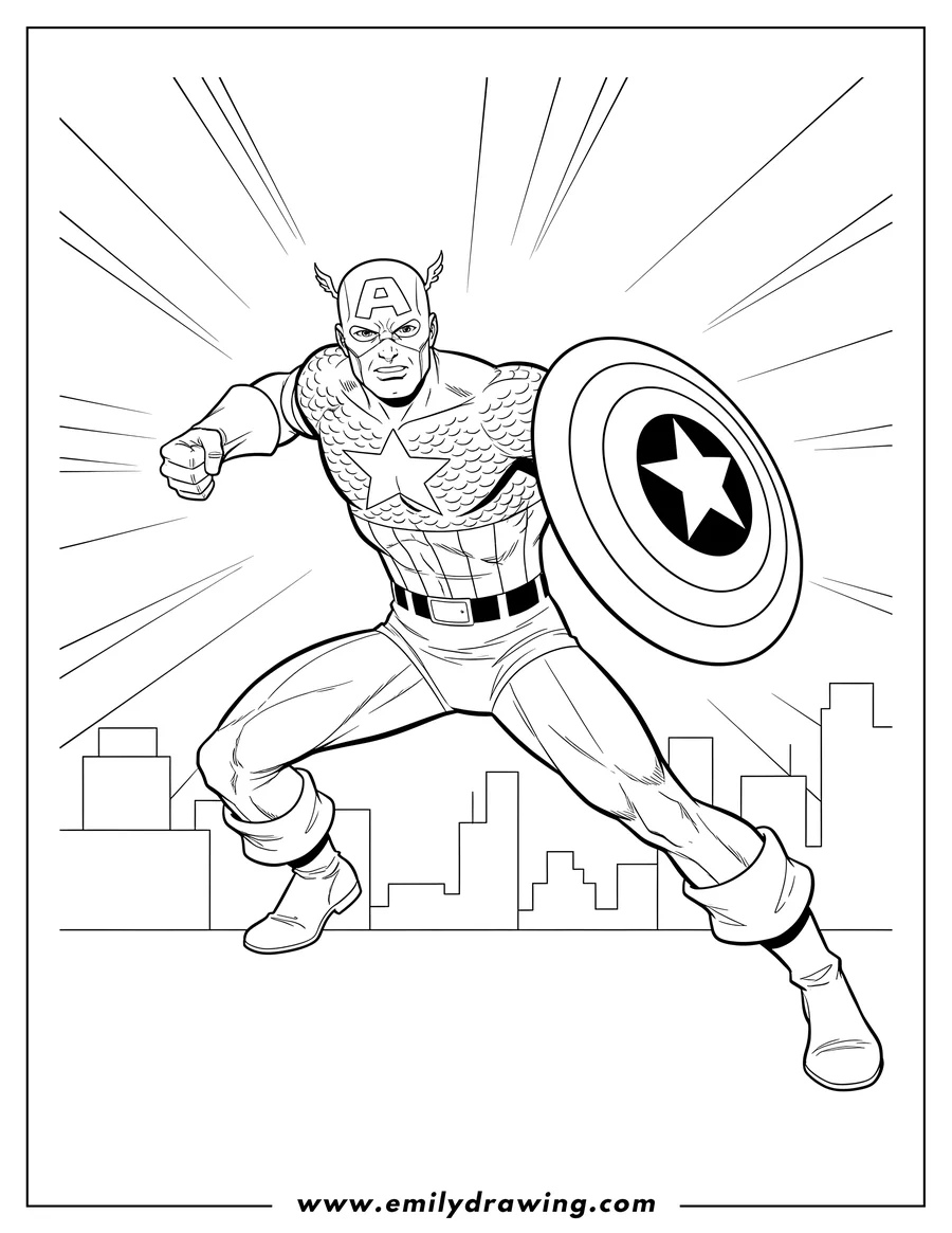 Free to print drawing of vintage Themed Captain America From Comic Book, in a dynamic lunging pose, holding his shield