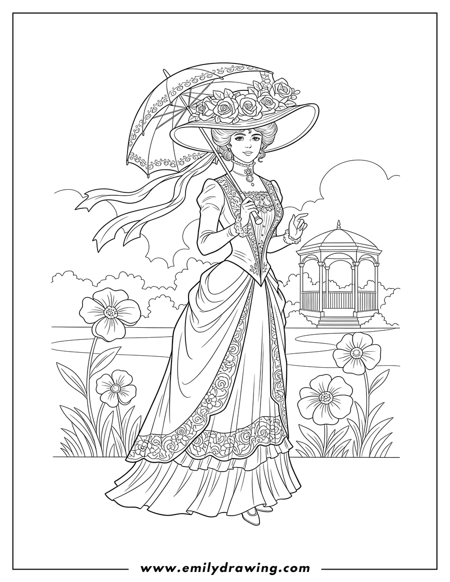 Black and white line art of vintage Vogue Magazine Cover of a woman holding a parasol and wearing a large hat