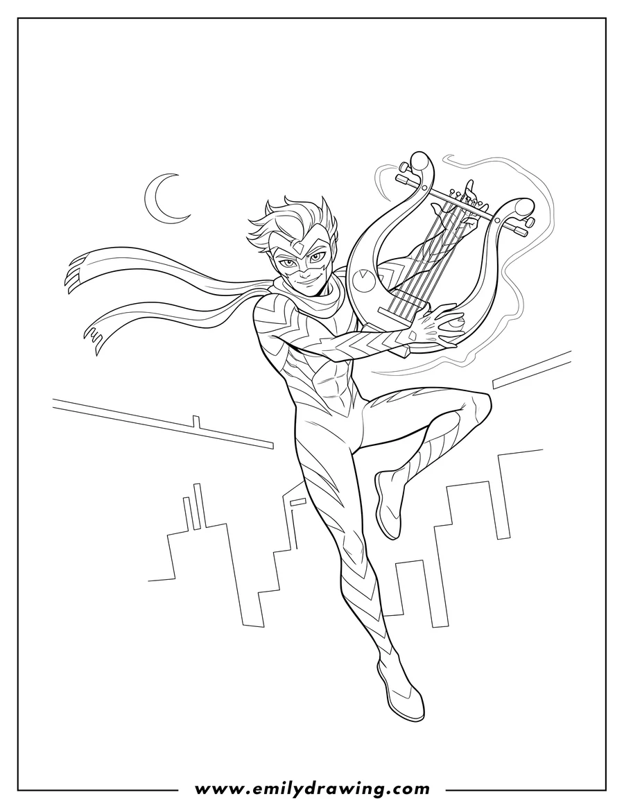 Full page coloring image of viperion Fighting With Lyre, leaping and holding his weapon