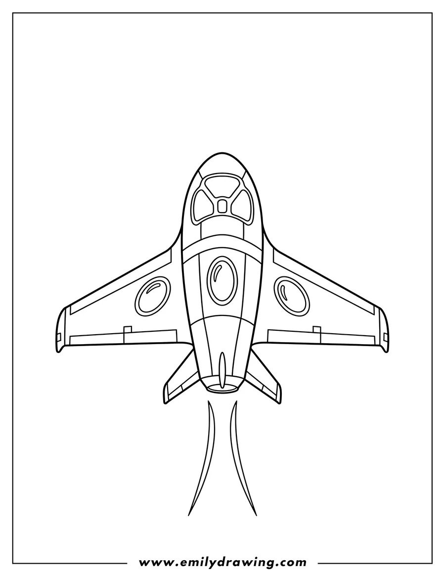 Linear illustration of virgin Galactic Rocket Scaled flying upwards, top-down view, with oval windows