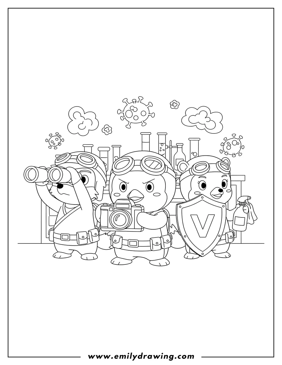 Coloring sheet featuring virus Buster Pororo With Petty Eddy And Loopy, Pororo holding a large camera, and Eddy looking through binoculars