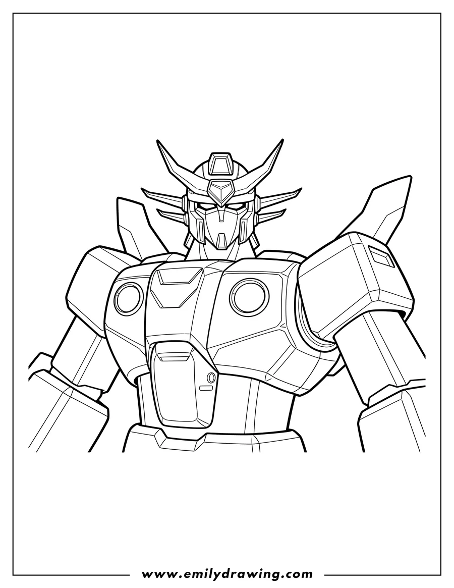 Free printable coloring sheet of voltes V Gundam robot, head and shoulders, detailed line art, facing forward
