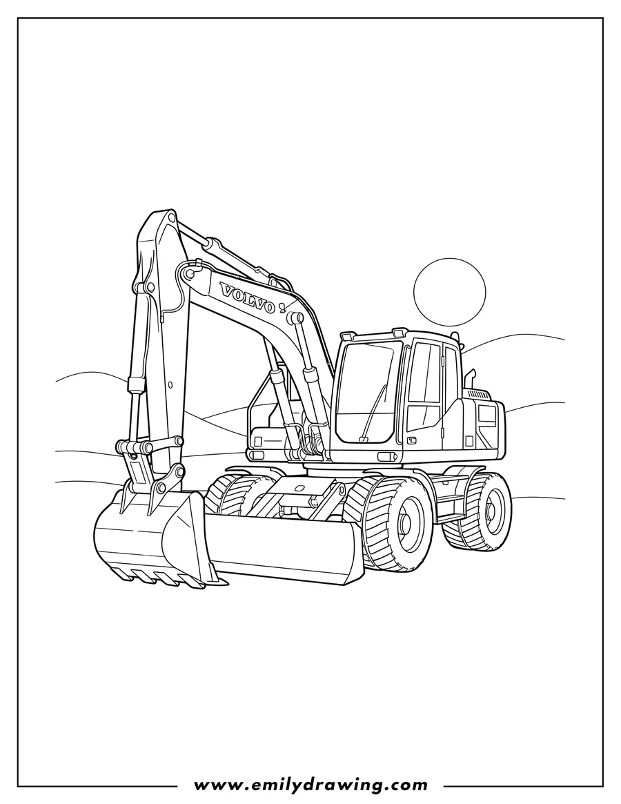 Downloadable coloring page of volvo Wheeled Excavator with front blade and bucket on ground