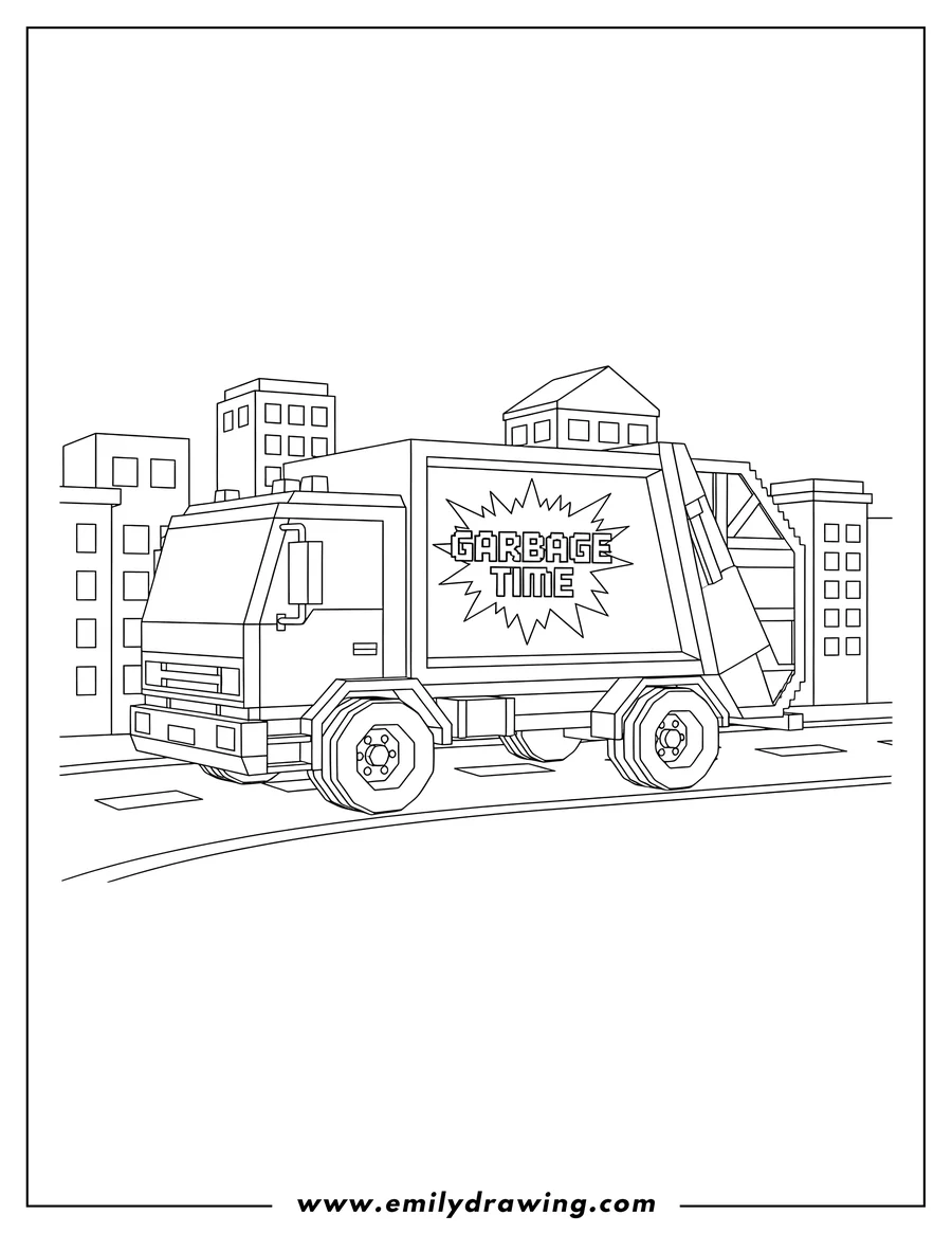 PDF style coloring page: voxel Garbage Truck with 'Garbage Time' logo, driving on a road in a side view, with city buildings