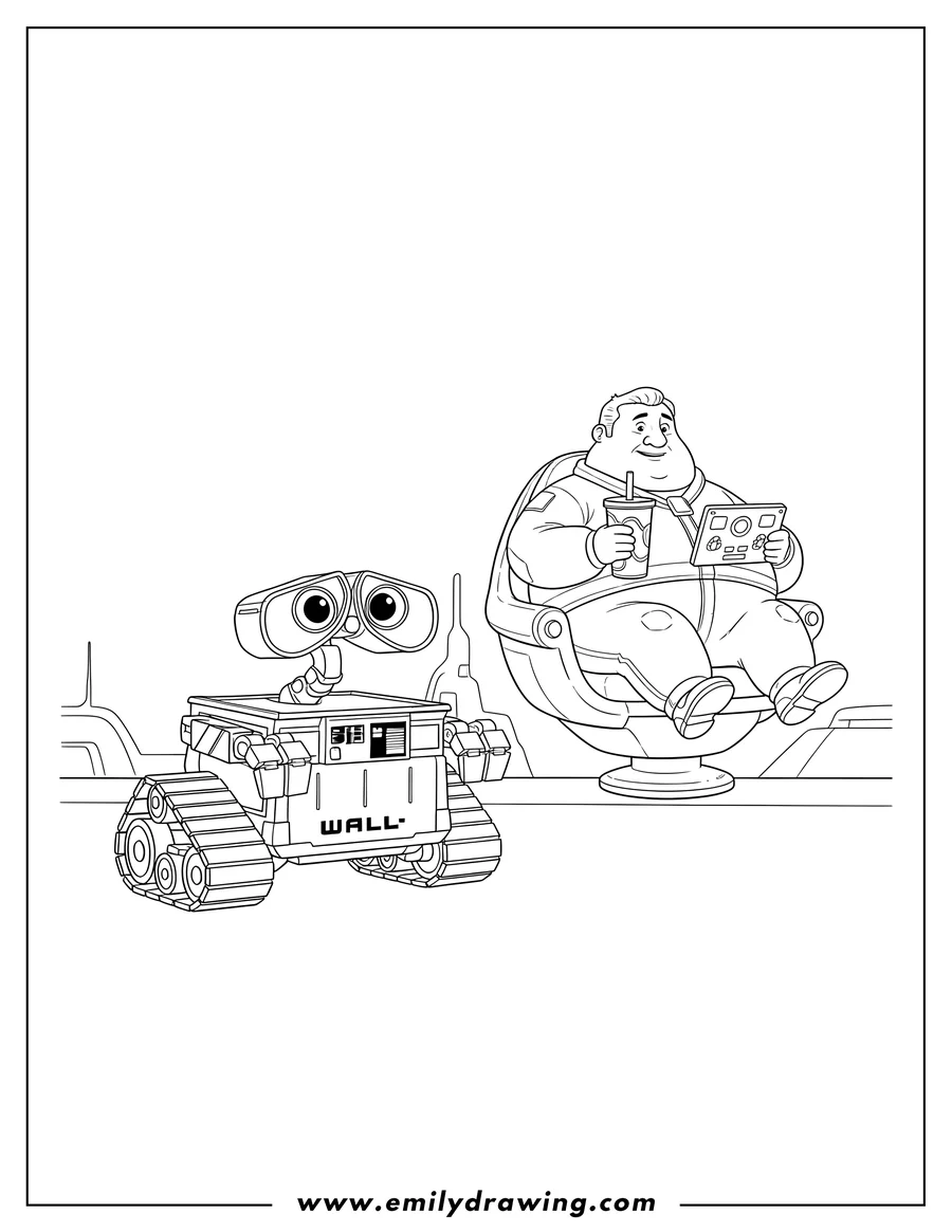 Free printable coloring sheet of wall E looking at John in his hover chair, who is holding a drink and a screen