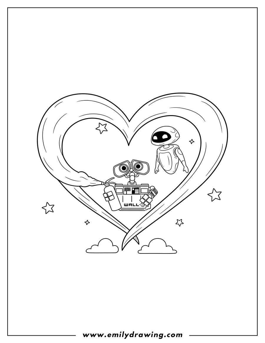 Printable coloring page of wall E using a fire extinguisher with Eve, stream forming a heart