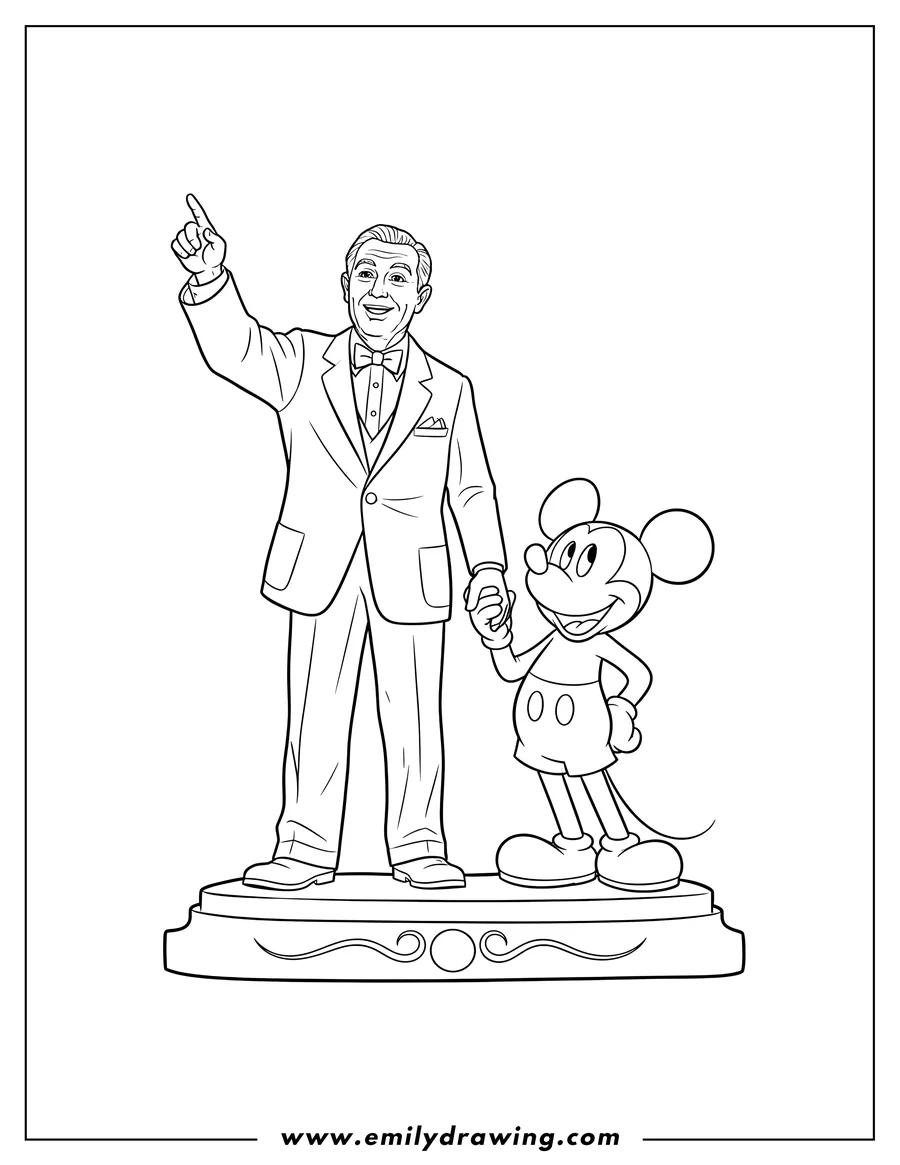Free to print drawing of walt Disney and Mickey Mouse Statue, holding hands, with Walt pointing up and Mickey smiling