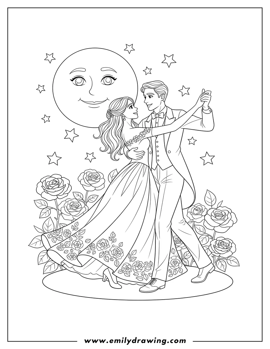 Free to print drawing of waltz Dance Couple, looking at each other, woman in flowing dress, dancing under Moonlit Sky Rose Garden