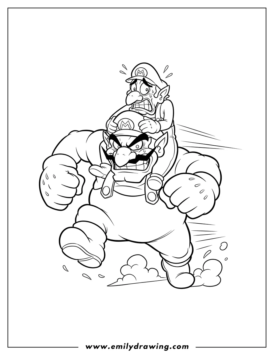 Black and white line art of waluigi And Wario Scaled, with Waluigi riding on Wario's shoulders and looking scared, as Wario runs