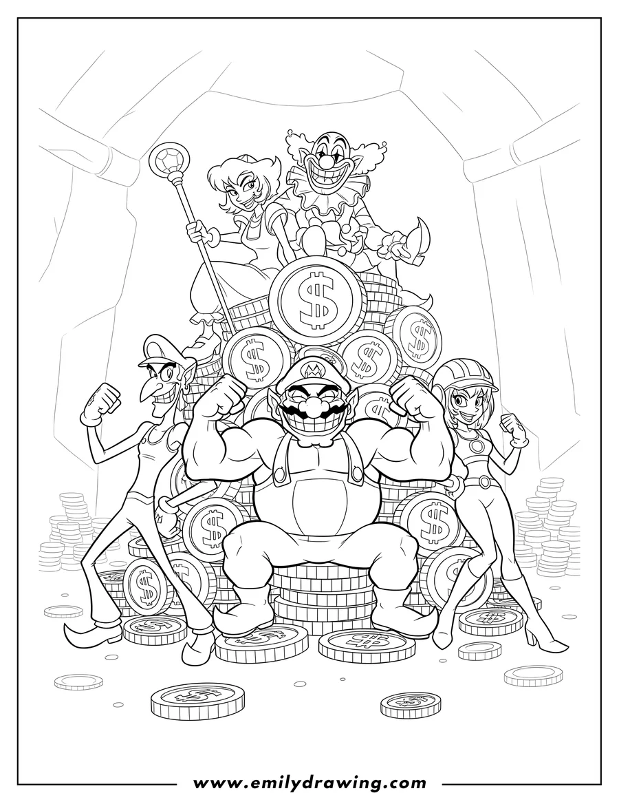 Simple sketch of detailed Wario flexing on a coin throne with Waluigi, Mona, Captain Syrup, and a grinning Rudy Clown to color