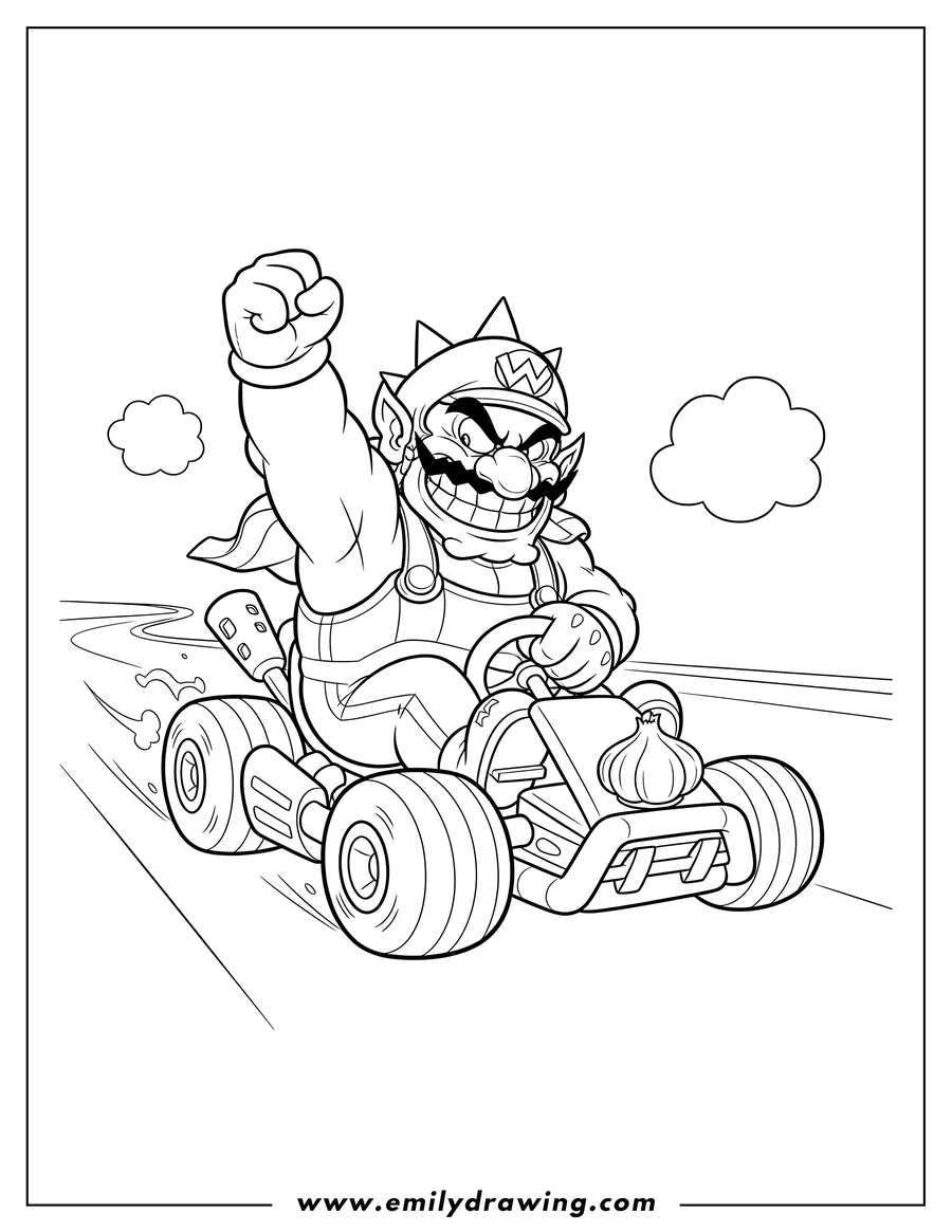 Outline drawing of wario driving kart, grinning and raising his fist