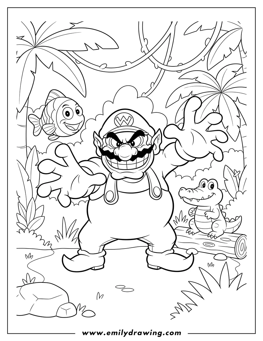 Free printable coloring sheet of wario grinning and reaching out in a jungle, with a Cheep Cheep and a crocodile