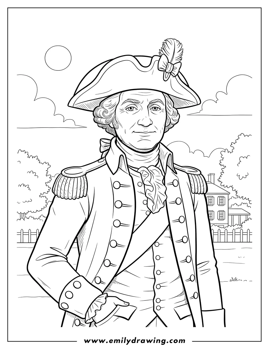Printable line art of united States President George Washington wearing a powdered wig and military uniform