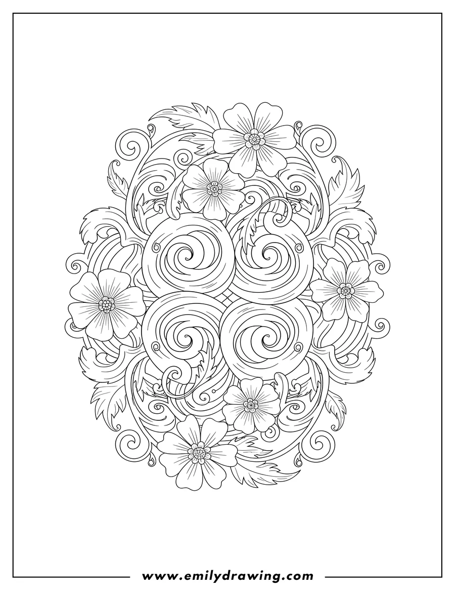 Vector style outline of waves And Flowers Pattern, with elaborate scrolling vines and leaves