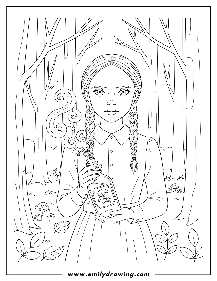 Printable coloring page of wednesday Holding Bottle Poison with Swirling Smoke in Forest