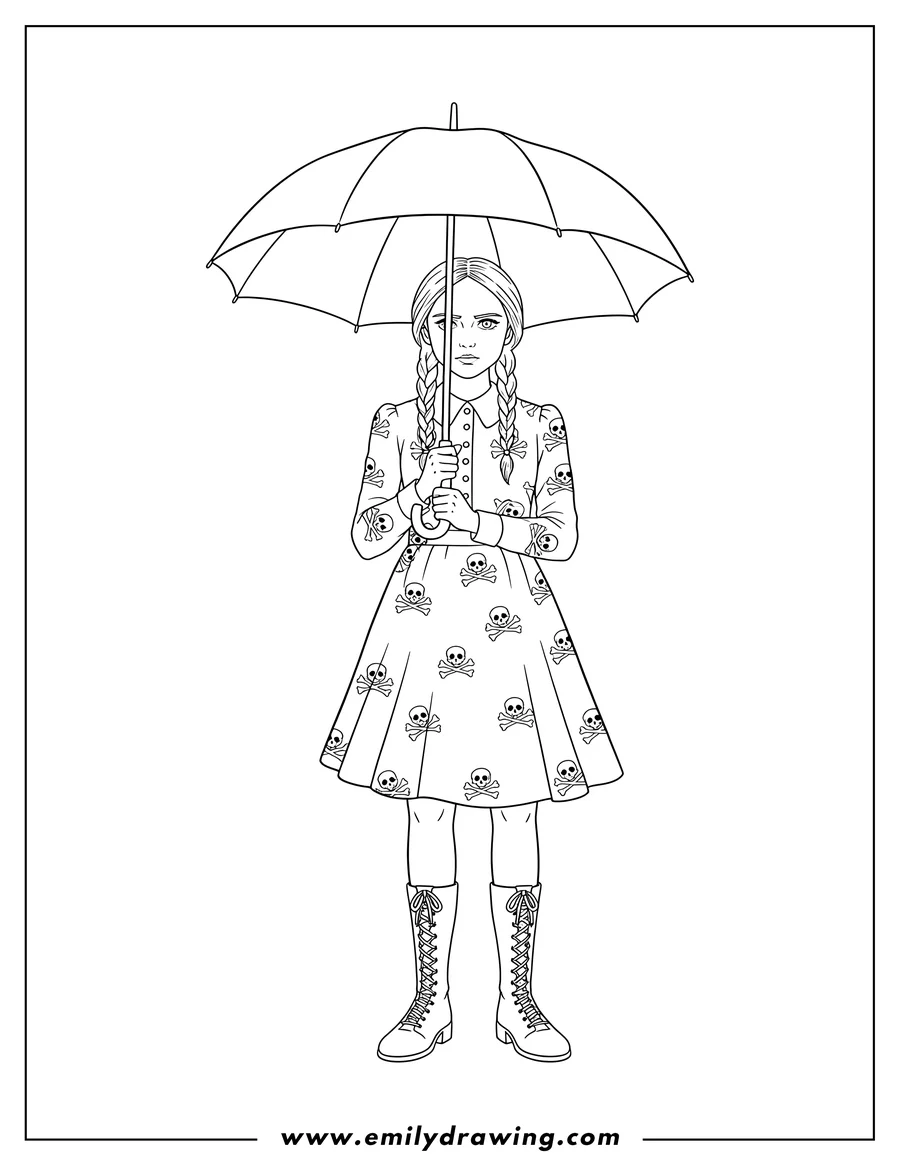 Free printable coloring sheet of wednesday with braided pigtails standing and holding an open umbrella