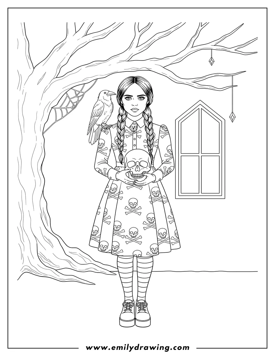 Coloring page for kids: jenna Ortega Wednesday Addams with braided hair looking forward, a crow on her shoulder, holding a skull