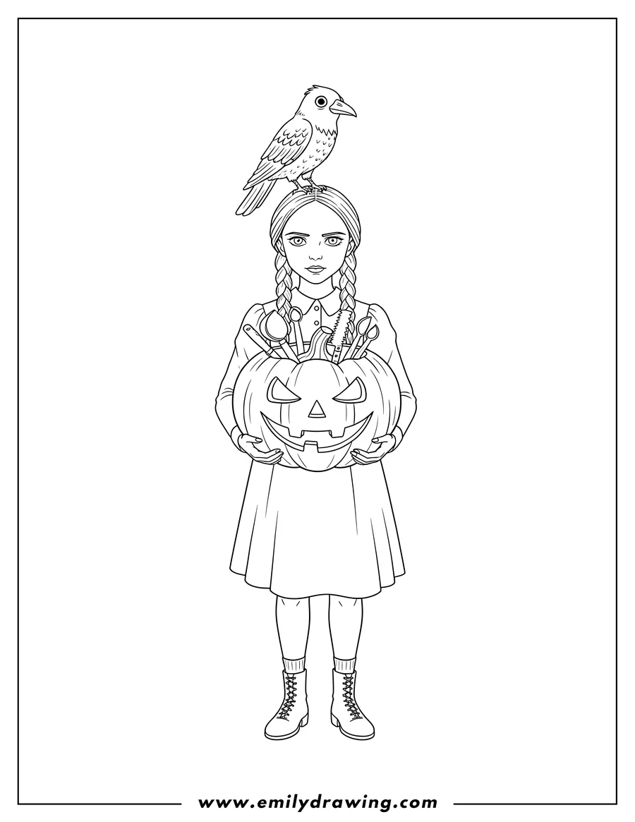 Doodle style coloring picture of wednesday with braids holding a jack-o'-lantern filled with carving tools, with a crow perched on top