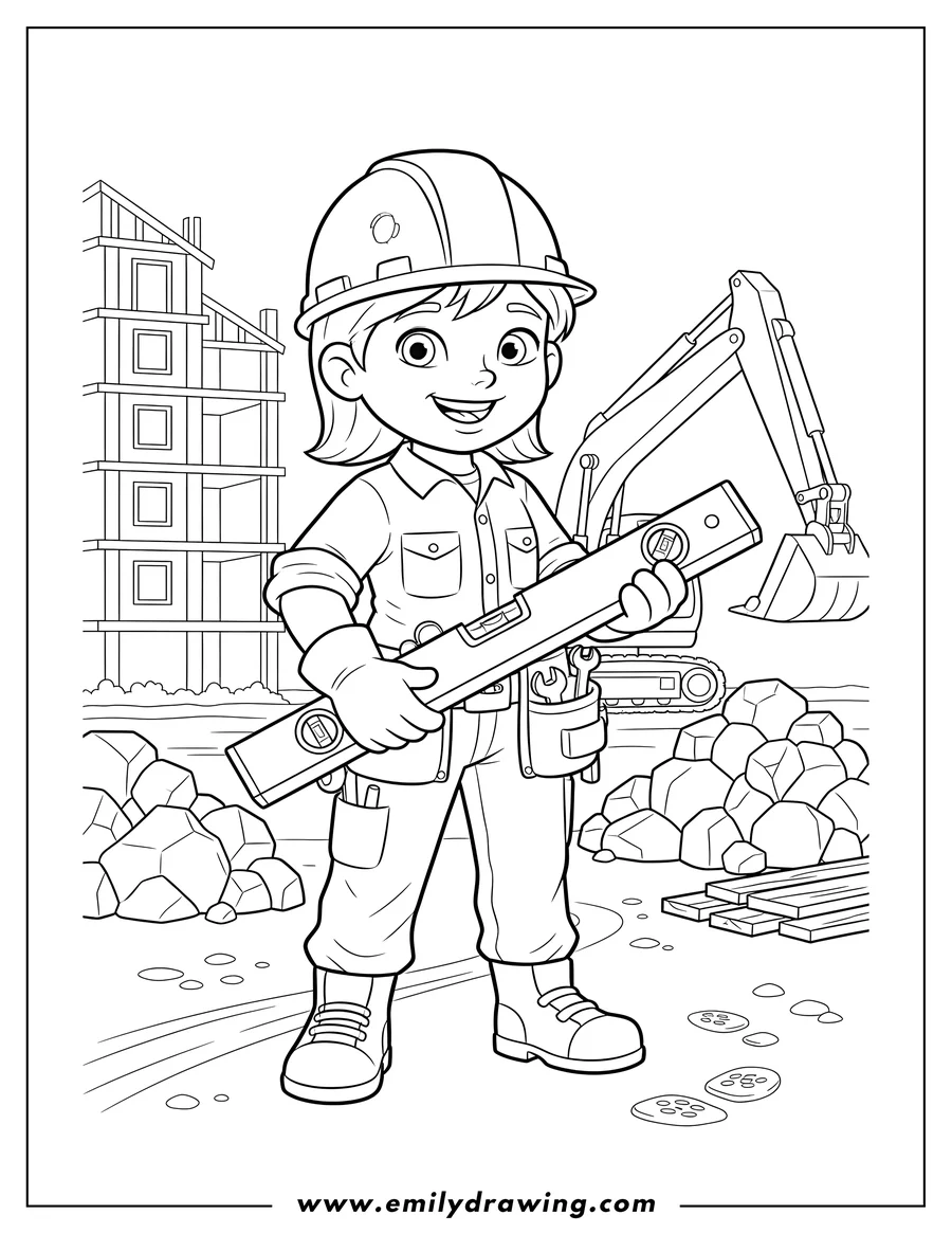 Linear illustration of wendy at a construction site, wearing a hard hat and tool belt