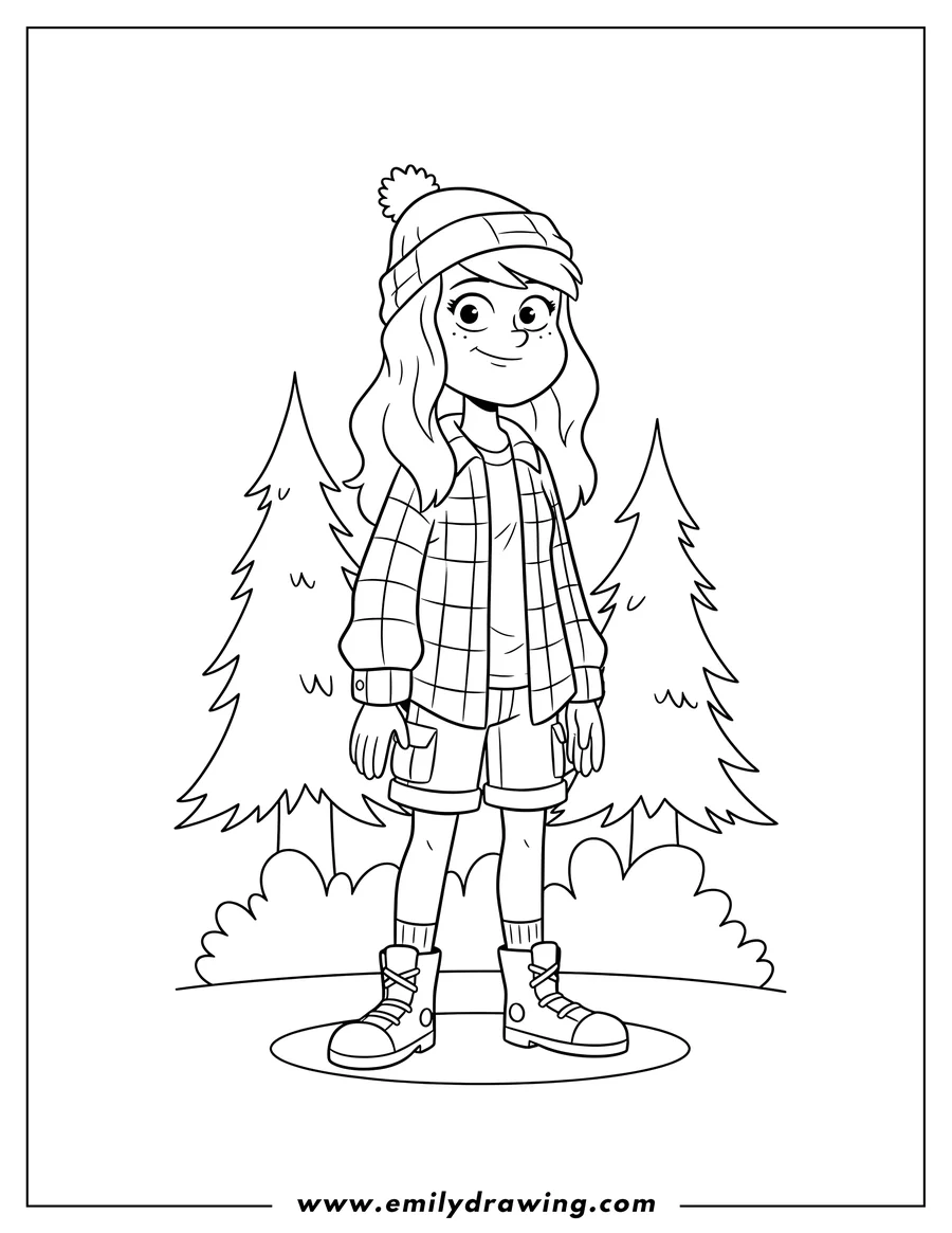 Coloring page of easy Wendy Corduroy standing in a forest outline, wearing a hat and boots