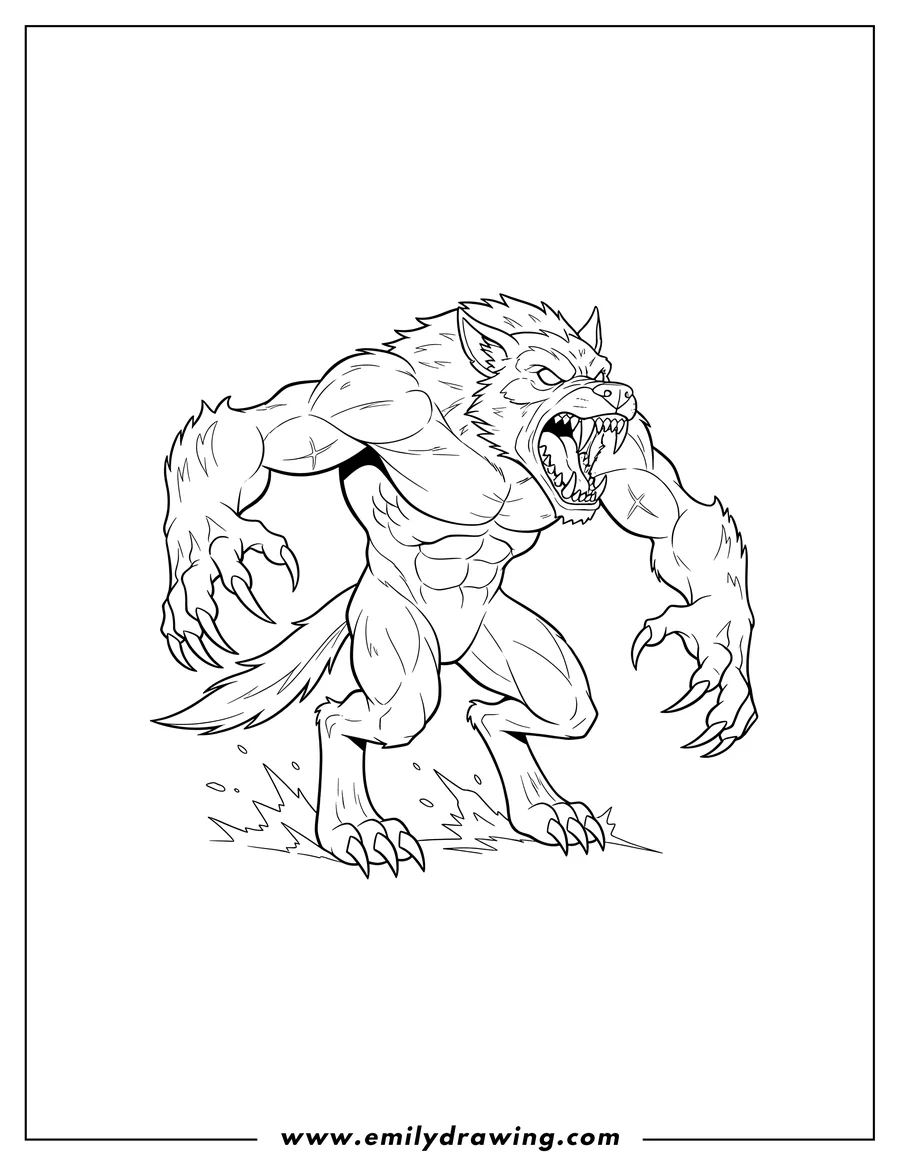Outline drawing of werewolf snarling with fangs bared and claws extended, pouncing forward