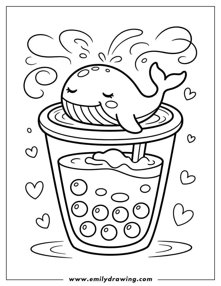 Line art of a whale sitting on top of a boba tea cup with a straw and tapioca pearls, surrounded by floating hearts.