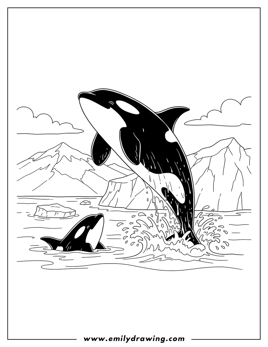Linear illustration of whales Arctic, two orcas, one breaching