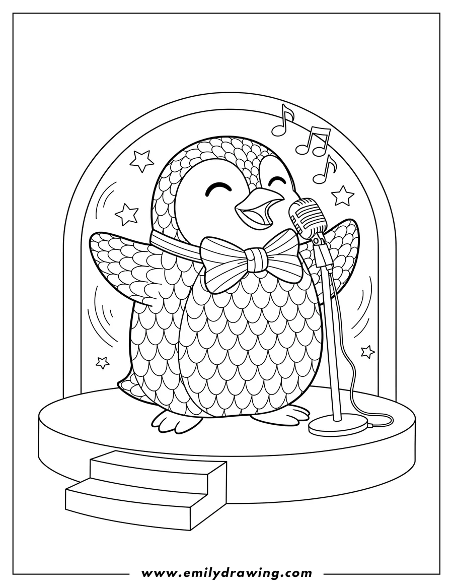 Simple sketch of wheezy Penguin Scaled singing into a microphone, wearing a bow tie to color