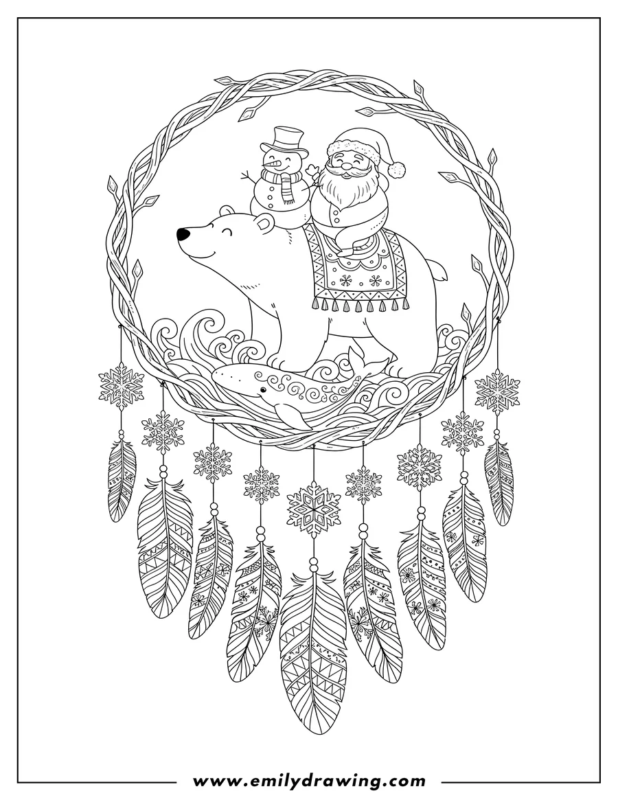 Printable coloring page of whimsical North Pole dreamcatcher with Santa and a snowman, a polar bear, a whale, snowflakes, and feathers