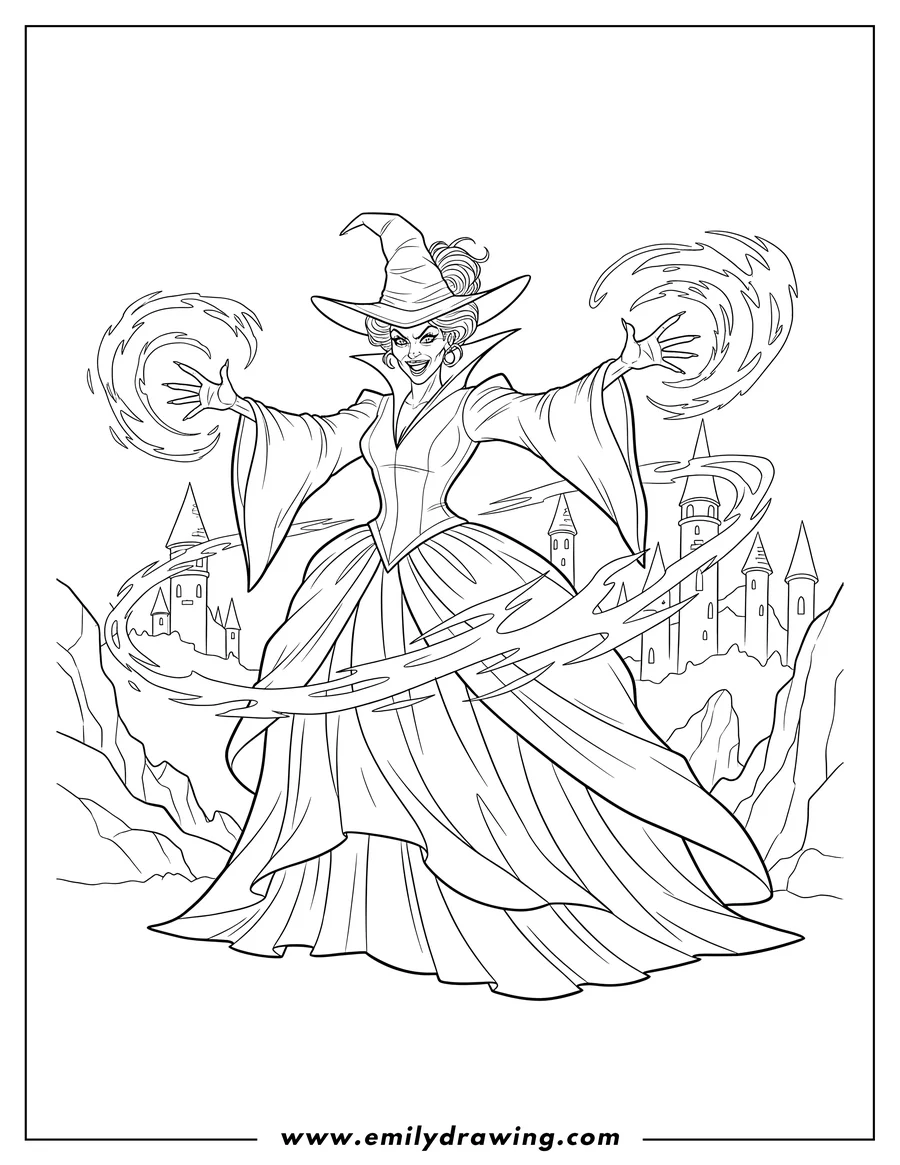 Downloadable coloring page of wicked Madame Morrible in a dramatic pose, performing sorcery with outstretched hands
