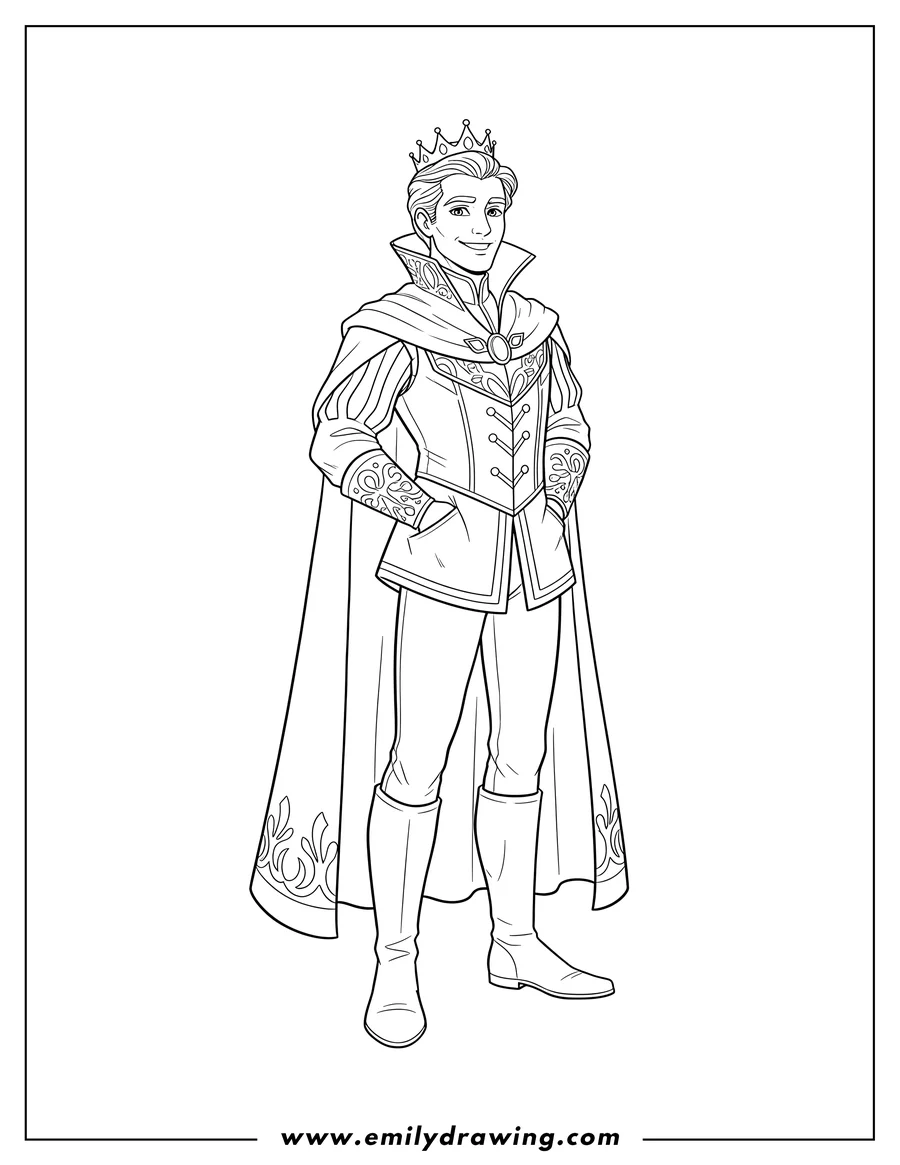 Outline drawing of wicked Prince Fiyero Tigelaar, smiling and with his hands in his pockets