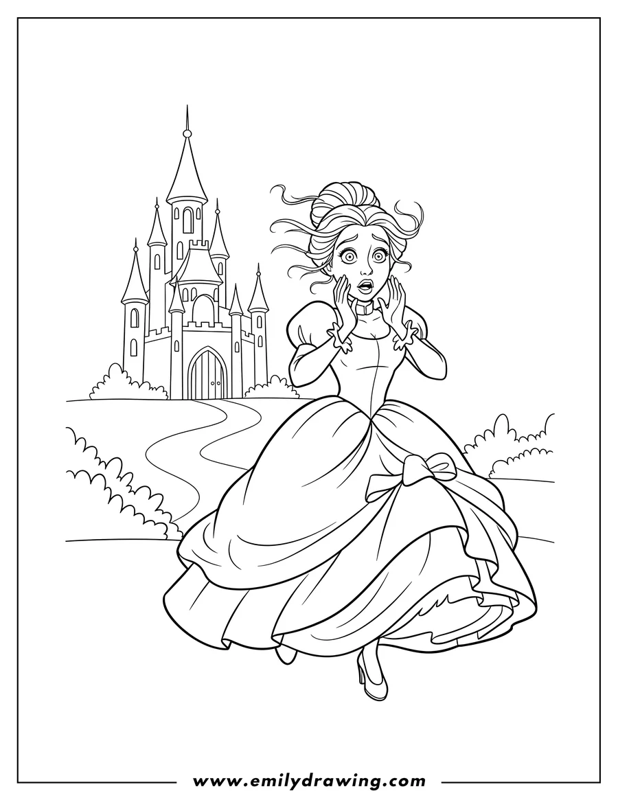 PDF style coloring page: wicked Stepsister running away from castle, looking shocked with wide eyes and raised hands