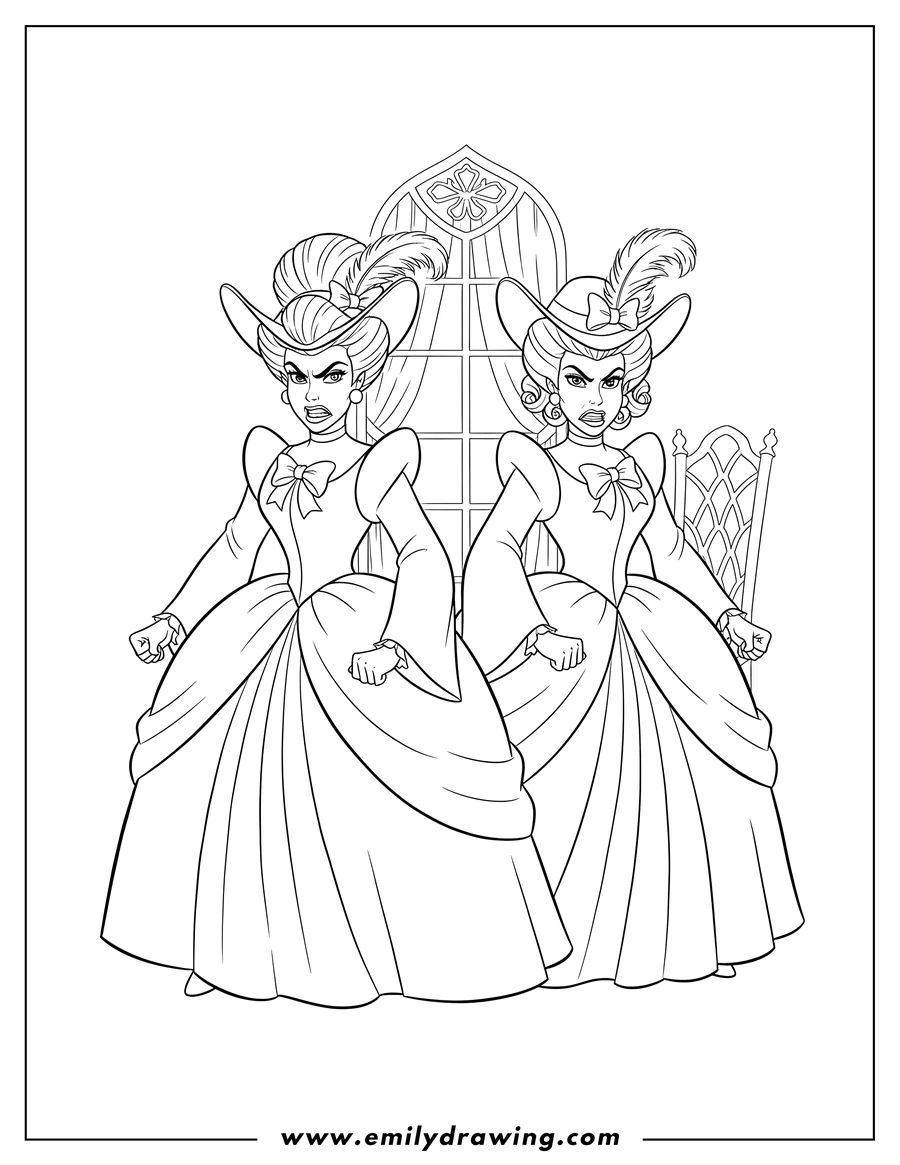 Vector style outline of wicked Stepsisters From Cinderella looking angry and scowling