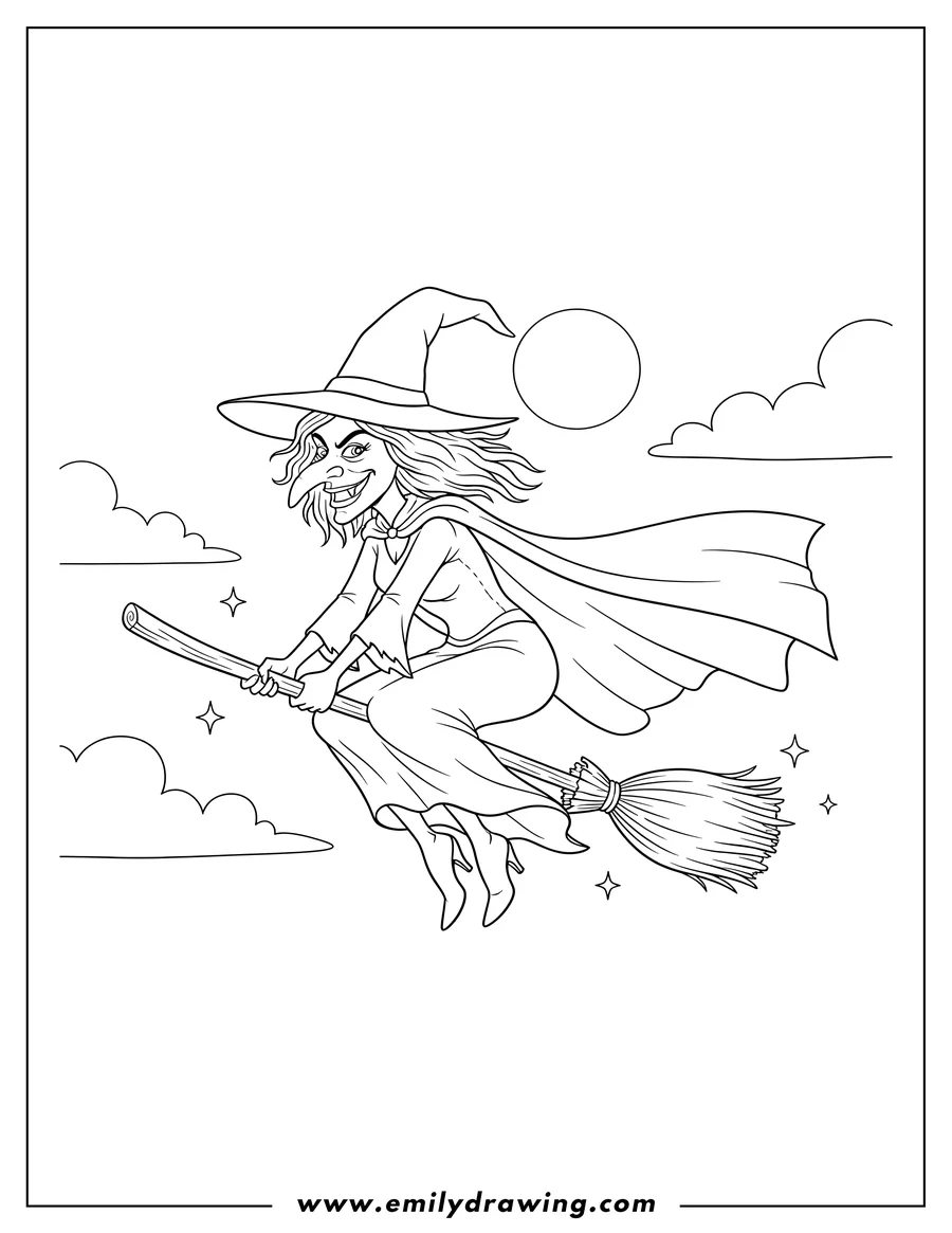 Downloadable coloring page of female Wicked Witch with a pointy hat and flowing cape flying on a broomstick