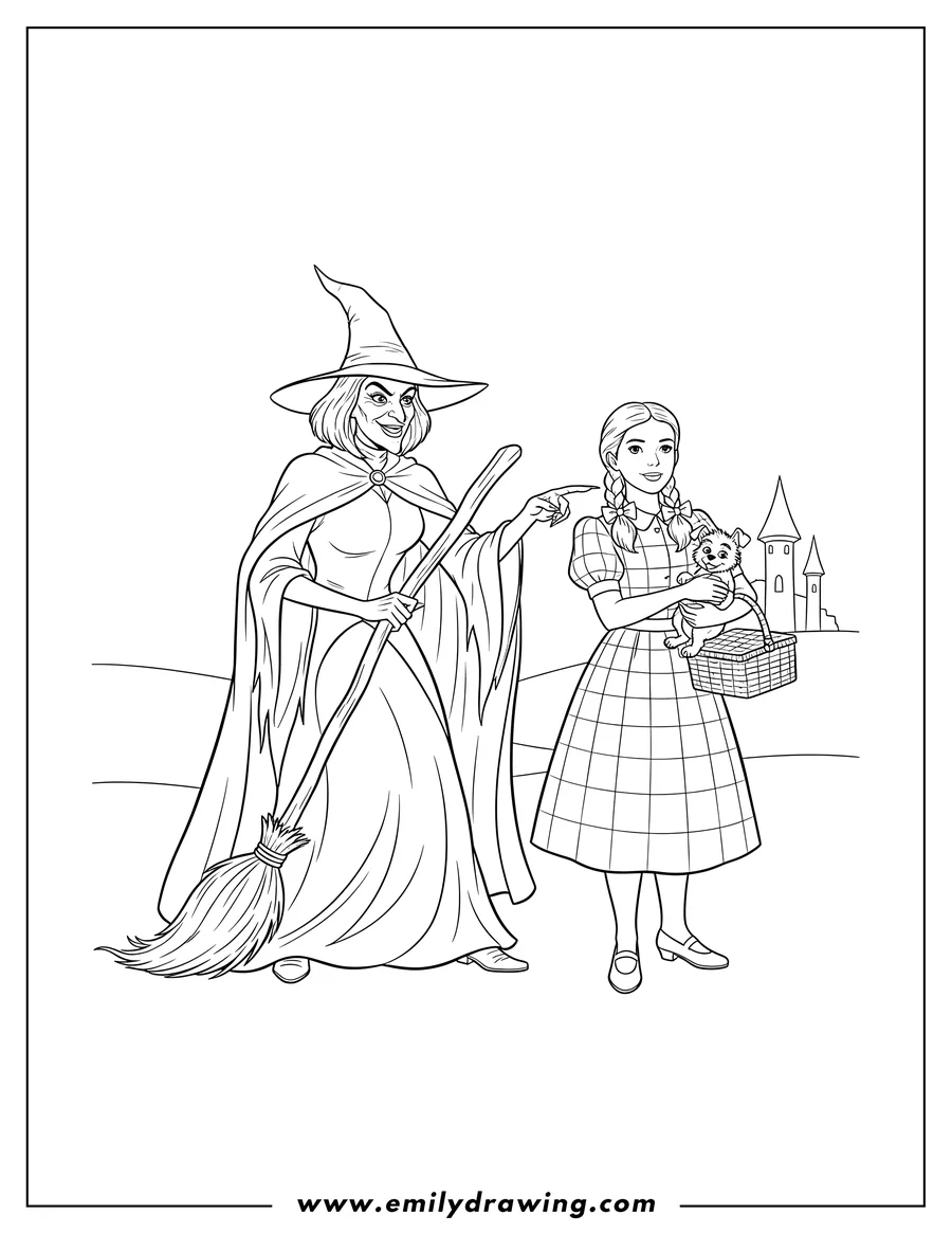 Clean line drawing: wicked Witch of the West holding a broom and pointing, with Dorothy holding Toto and a basket from The Wizard of Oz