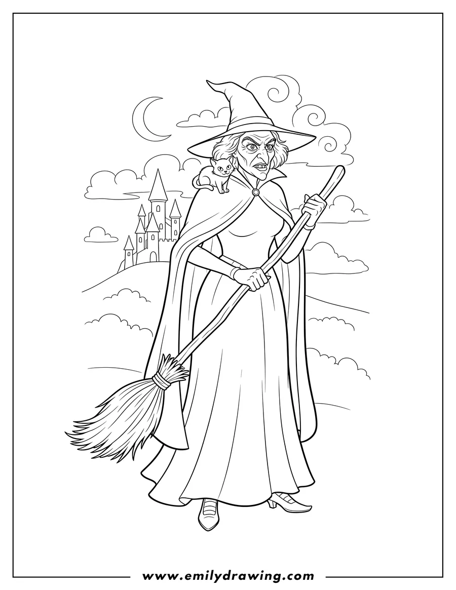 Free printable coloring sheet of wicked Witch West with a fierce expression, holding her broom diagonally