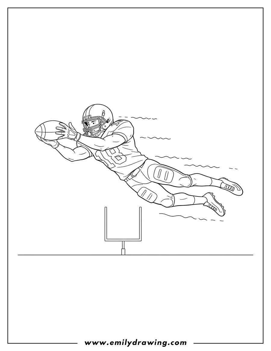Outline drawing of football Wide Receiver Player leaping to catch a football To Color