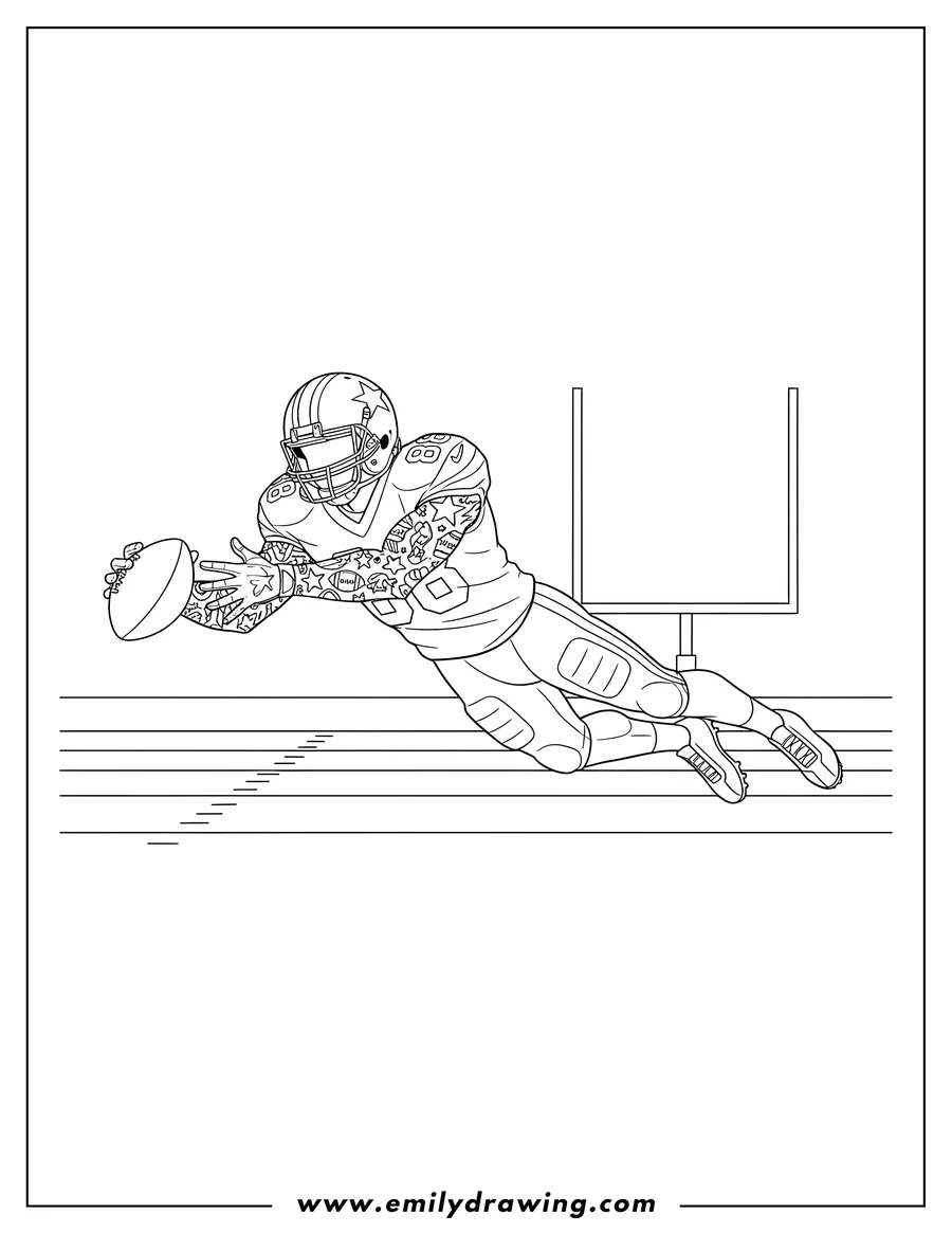 Coloring page for kids: nfl Wide Receiver wearing a helmet, lunging to make a catch, with arm tattoos To Color