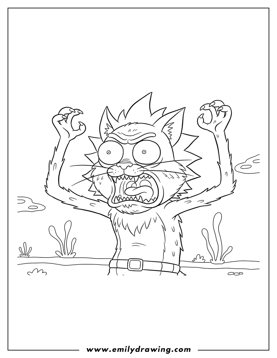Full page coloring image of wild Alien Cat Squanchy Rick And Morty, yelling with wide eyes and an open mouth