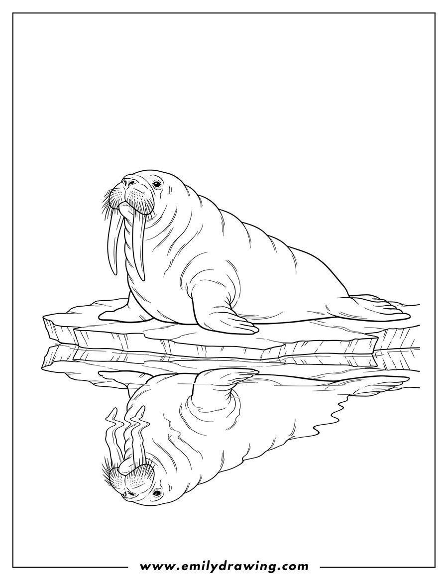 Doodle style coloring picture of wild Arctic Walrus lying on cracked sea ice, with its reflection in the water