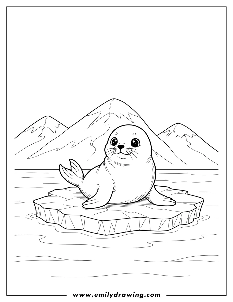 Outline drawing of wild Baby Seal sitting on an ice floe with Snow Capped Peaks