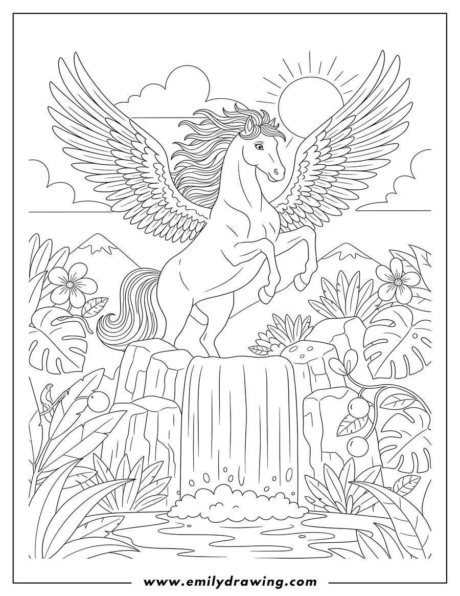 Simple sketch of wild Pegasus rearing up over a jungle waterfall to color