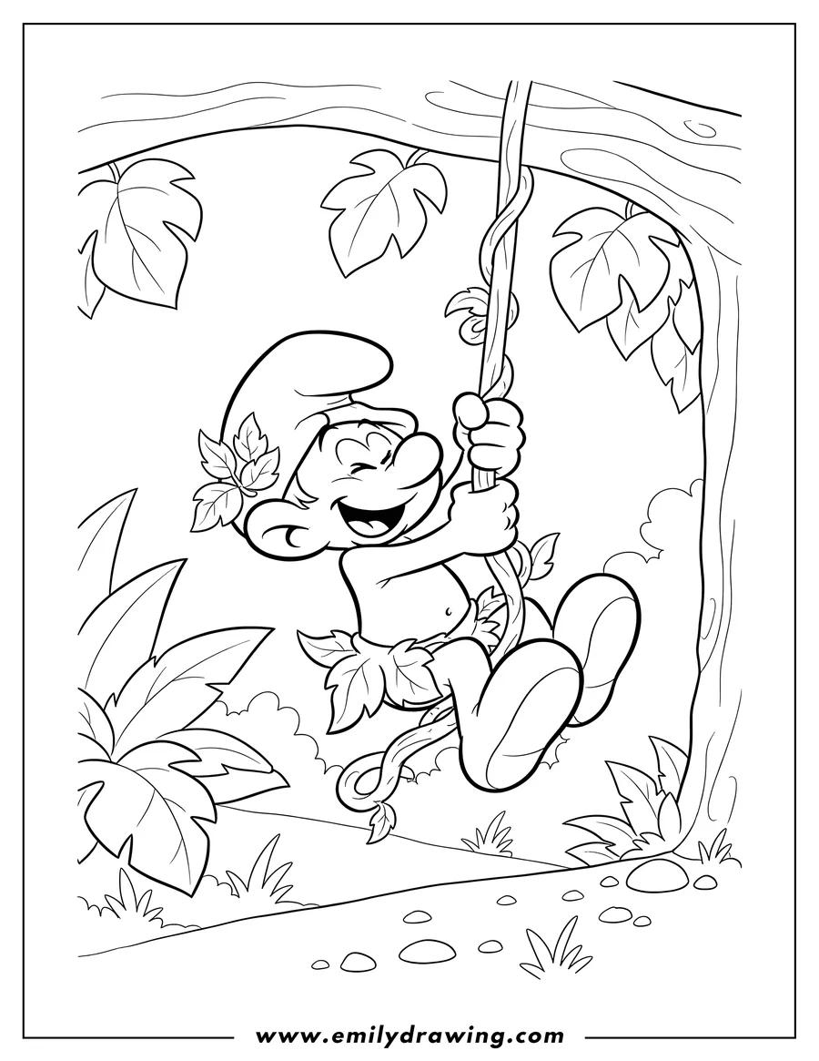 Printable coloring page of wild Smurf, happy and laughing, swinging on a thick leafy vine, wearing a leaf hat and loincloth