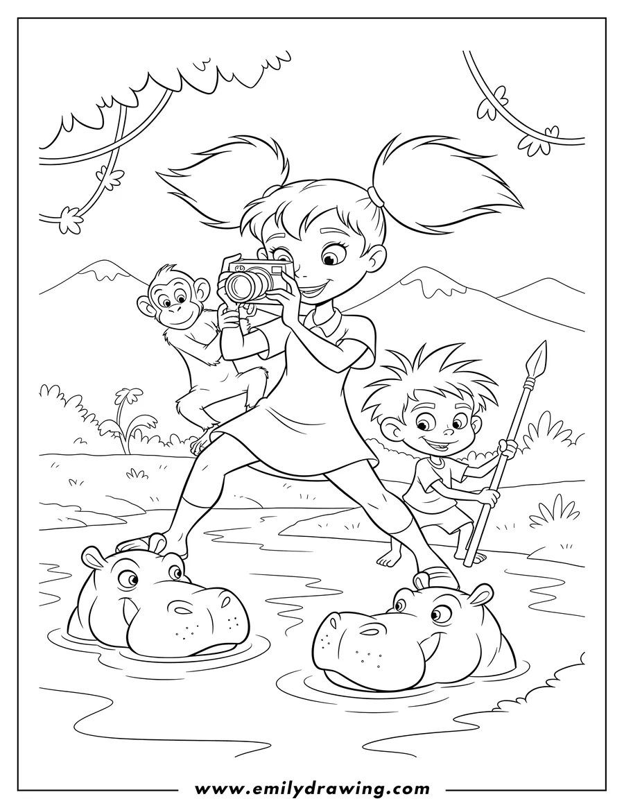 Full page coloring image of wild Thornberrys: Eliza with camera, Darwin, and Donnie with a spear, by the river with hippos