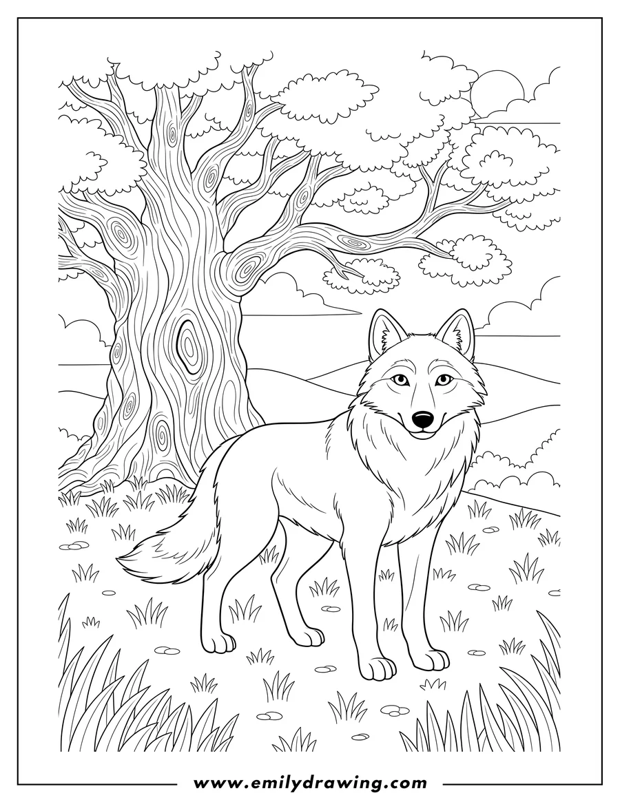 Free printable coloring sheet of wild Wolf standing in a Grassy Field with a Massive Gnarled Tree