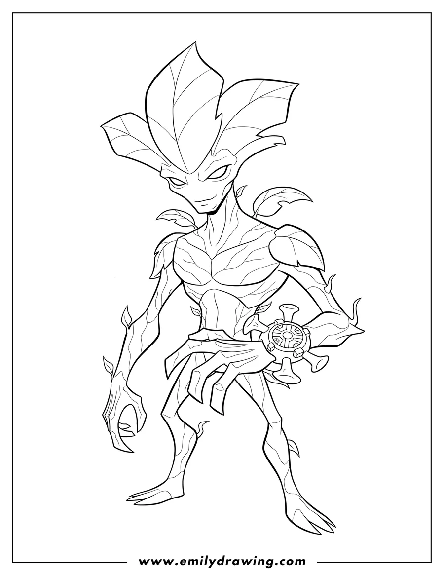 Coloring page for kids: wildvine Alien Form posing with Omnitrix